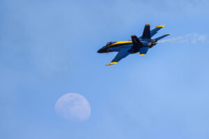 Blue Angels 2026 #1. Capt. Adam Bryan (Commanding Officer) The Boss passing above the Moon Boeing FA-18 Super Hornet Naval Air Station Meridian Mississippi Airport code(s) NMM, KNMM Photo Date: 3-28-2026