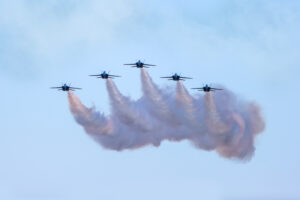 Blue Angels 2026 #1. Capt. Adam Bryan (Commanding Officer) #3. Lt. Chris Houben (Left Wing) #4. Lt. Col. Brandon Wilkins (Slot) #5. Lcdr. Connor O'Donnell (Lead Solo) #6. Maj. Scott Laux (Opposing Solo) Beginning of the maueuver Loop Break Boeing FA-18 Super Hornet Naval Air Station Meridian Mississippi Airport code(s) NMM, KNMM Photo Date: 3-28-2026